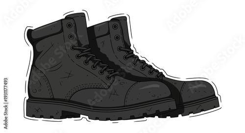 Black work boots, sturdy footwear for construction and labor, isolated on white.
