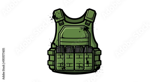 Green tactical vest, military body armor with pouches, isolated on white
