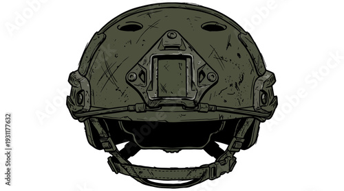Military combat helmet, tactical head protection, olive green, white background, front view