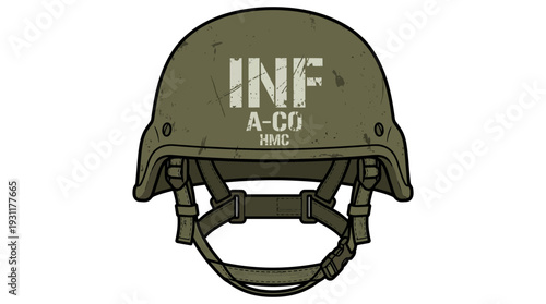 Military helmet with 'INF A-CO HMC' markings, isolated on white background