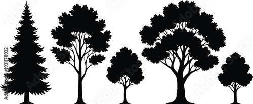 Black and white vector icon set of various tree silhouettes featuring a pine tree, oak, and different deciduous forest plants.