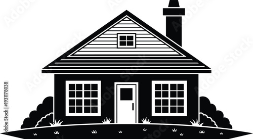 Black and white vector illustration of a cozy suburban house with a chimney, large windows, and bushes on a lawn.