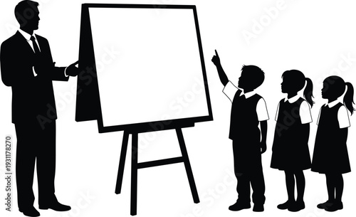 Black and white vector silhouette of a male teacher showing a blank flip chart to three young students in uniform.