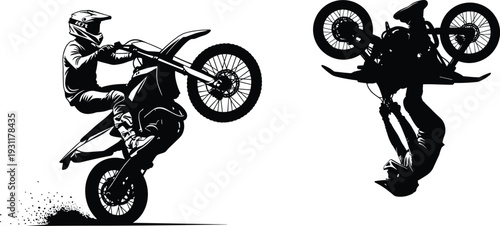 Black and white vector silhouette of motocross riders performing extreme stunts featuring a high wheelie and a midair backflip jump.