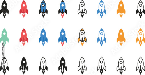 Colorful rocket ship icon collection in flat and outline styles representing startup launch, innovation, space exploration, growth success, and modern technology branding for apps and digital design.
