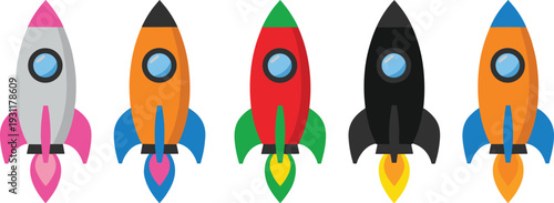 Colorful rocket ship icons set in multiple vibrant styles, symbolizing startup growth, innovation, success, space exploration, and futuristic technology concepts for apps, branding, and creative