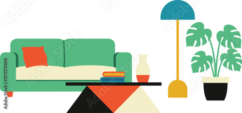 Modern living room interior with sofa, coffee table, floor lamp and houseplant in minimalist flat vector style for home decor and contemporary design themes