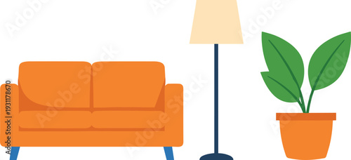 Modern living room furniture illustration featuring orange sofa, floor lamp and potted plant, minimalist interior decor concept for home styling, comfort, relaxation and contemporary lifestyle design