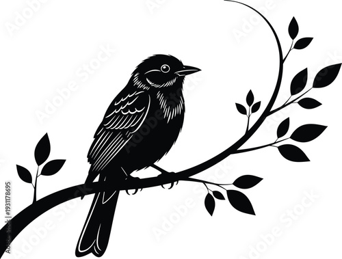 Black bird silhouette perched on a leafy tree branch, featuring elegant nature-inspired details for spring, wildlife, and organic vector
