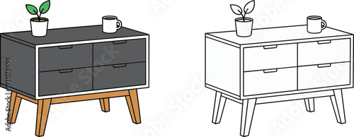 Modern wooden dresser cabinet with drawers in color and outline styles, decorated with potted plant and coffee mug, ideal for interior furniture design and home decor concepts