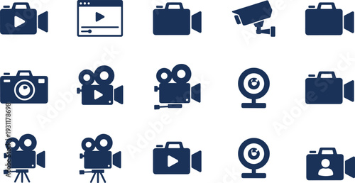 Multimedia and video production icons set featuring cameras, camcorders, surveillance devices, film equipment, and recording tools, ideal for media, broadcasting, filmmaking, and digital content