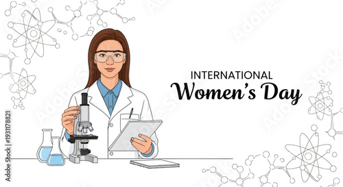 Illustration of a female scientist working with a microscope and laptop celebrating International Women's Day with a molecular design background.