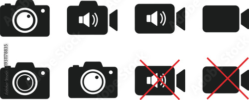 Black Camera and Video Recorder Icon Set Featuring Photography Equipment Silhouettes, Multimedia Sound Controls, and Recording Symbols