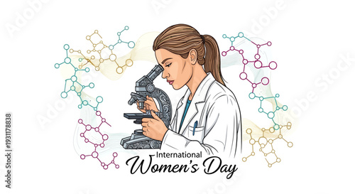 Illustration of a female scientist examining a sample through a microscope with colorful molecular structures, celebrating International Women's Day in a design that promotes Women