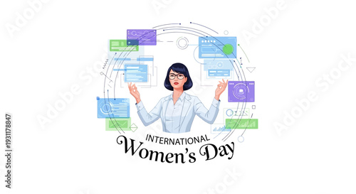A woman celebrates International Women's Day with a colorful illustration design featuring various empowering phrases and symbols around her.