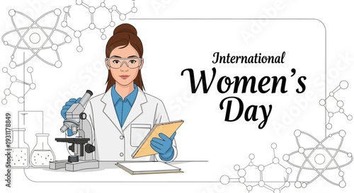 Illustration of a female scientist working with a microscope and tablet on International Women's Day, surrounded by science symbols and a clean design.