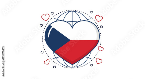 Illustrative graphic design featuring a heart symbolizing the Czech Republic flag, surrounded by a globe and decorative hearts, representing love and global connection for the nation