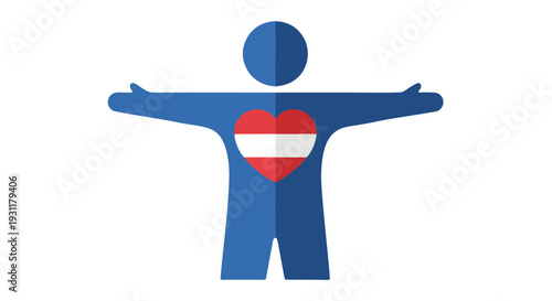 Abstract blue human figure with a heart symbol inside, featuring the Austrian flag colors, representing love and support for Austria, symbolizing patriotism and unity