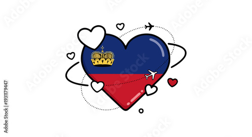 Vibrant Graphic Heart with Blue and Red Segments, Gold Crown, Surrounded by Hearts and Arrows, Featuring the Flag of Liechtenstein, Illustrating National Pride and Love in a Clean, Crisp Design