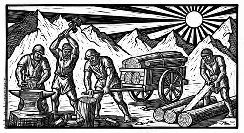 Four laborers working hard in a mountainous landscape with a cart and logs at sunrise