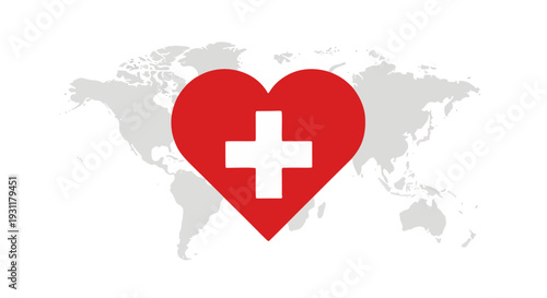 Global care symbol vibrant red heart with a white cross, representing international health support, humanitarian aid, and universal well-being on a world map
