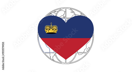 The flag of Liechtenstein in a heart shape, symbolizing love for the country and its global connection, within a globe outline