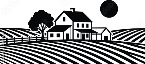 Black farmhouse silhouette with barn and fields under sun isolated on white background for agriculture organic food and rural landscape design,