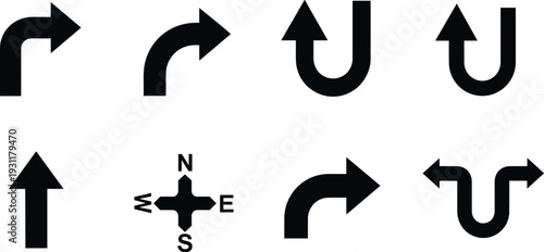 Black directional arrow set for navigation road signs map pointers curved turning icons u-turn symbols and compass rose vector silhouettes.
