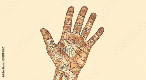 Palmistry hand with detailed lines and markings on a beige background symbolizing fortune telling and astrology