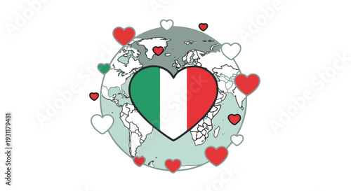 Stylized Earth Illustration Centered on Italian Flag Heart Surrounded by Red, White, and Green Hearts Symbolizing Love, Unity, and Global Connection