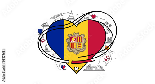 Stylized heart with Andorrance, bold colors, symbolic elements like playing cards and musical notes in a creative design against a mountainous backdrop