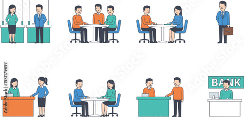 Bank Office and Customer Service Illustration Set with Employees Assisting Clients at Counter, Desk Meetings, and Financial Consultation Scenes for Vector Design