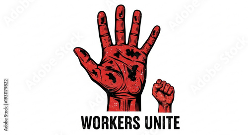 Workers unite solidarity hand gesture with raised palm and clenched fist