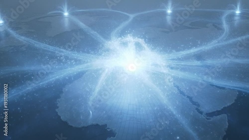 A dark blue world map with illuminated points and lines indicating global connections.