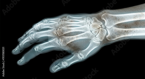 X ray image of a human hand with fractured wrist on a black background medical concept