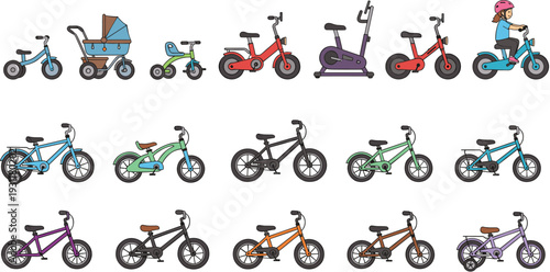 Bicycle Icon Set Collection with Kids Bikes, Baby Stroller, Exercise Cycle, and Delivery Rider for Urban Transportation and Fitness Design