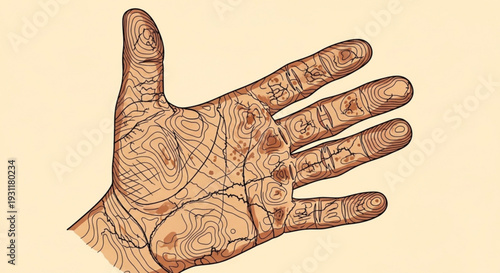 Palm with intricate lines and patterns on a beige background symbolizing astrology and fortune telling