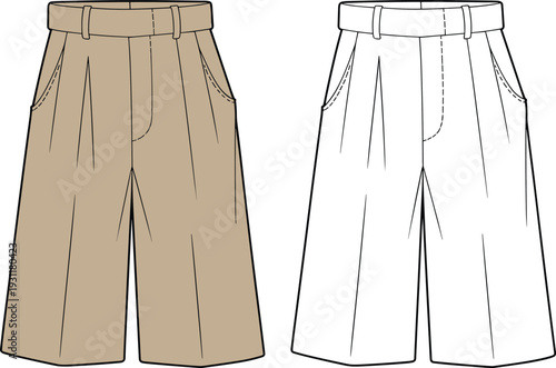 Wide leg trousers front view, high waist pleated pants apparel mockup template, elegant casual clothing design flat vector illustration