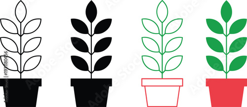 Potted plant icons in line and solid styles, featuring green leaves and decorative pots, ideal for gardening themes, eco design, home décor, and botanical illustration concepts.