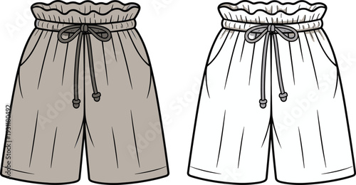 Women casual shorts vector illustration isolated on white background, elastic waist summer clothing apparel design cad drawing flat vector illustration