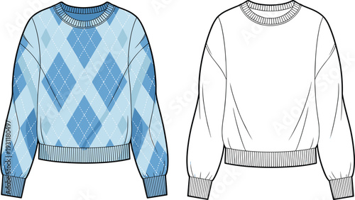 Blue argyle sweater front and back view, knitted pullover apparel mockup, cozy winter fashion clothing design, isolated flat vector illustrationBlue argyle 