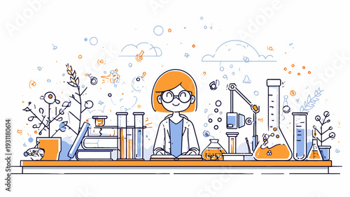 Practical Science Flat Vector Illustration: Young Woman Scientist Engaged in Chemical Experimentation and Research in a Modern Laboratory Setting