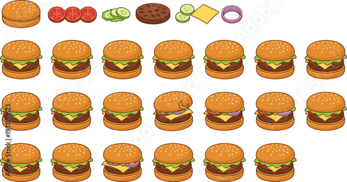 Burger Assembly Ingredients and Multiple Cheeseburger Icons Set with Tomato, Lettuce, Onion, Pickle, and Cheese for Fast Food Menu Design