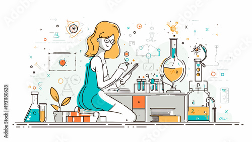 Practical Science Flat Vector Illustration: Young Woman Scientist Engaged in Chemical Experimentation and Research in a Modern Laboratory Setting