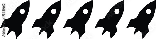 Rocket ship silhouette icon set in uniform style, representing startup growth, innovation, success, space exploration, and futuristic technology concepts for apps, branding, and digital business