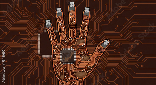 Cyborg hand with circuit board design and metallic fingertips against a dark electronic background
