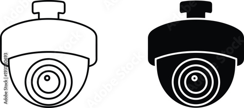 Security surveillance camera icons in outline and solid styles, representing video monitoring, safety protection, CCTV systems, and smart security technology for property, office, and public safety