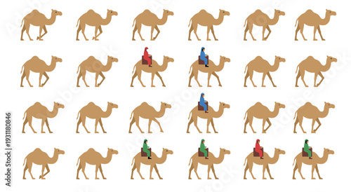 Camel Riding Illustration Set with Desert Caravan Animals and Travelers in Traditional Clothing for Cultural and Travel Vector Design Projects