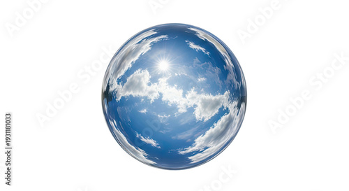 Glass sphere reflecting a sunny sky with clouds