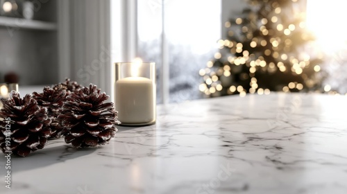 Marble table Christmas background, perfect for holiday promotions, social media posts, artistic compositions, and decorative purposes. The warm decor creates a festive and elegant atmosphere for vario